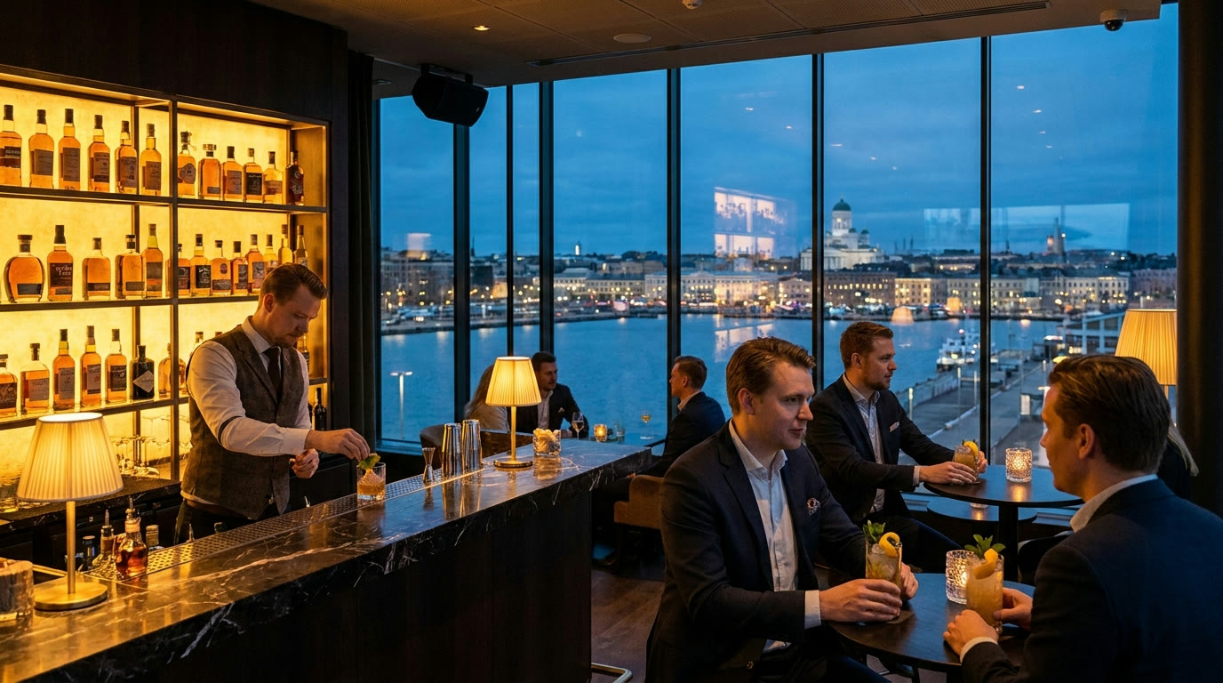 Rooftop cocktail bar at Nordhaven Hotel overlooking Helsinki at dusk