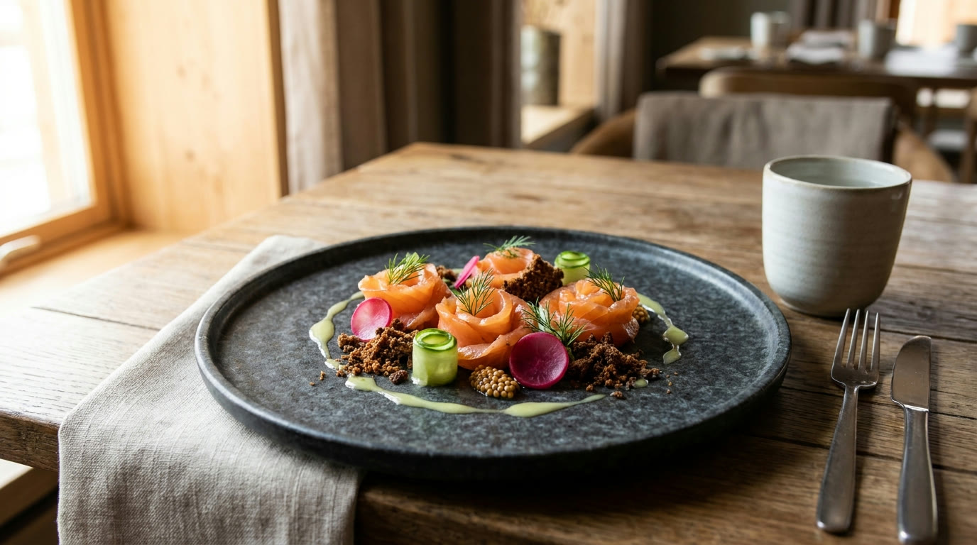 Modern Nordic dish — cured salmon with dill and rye at Restaurant Meri