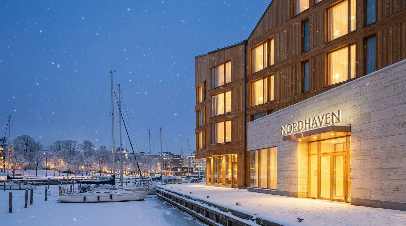 Nordhaven Hotel exterior on the Helsinki waterfront at winter dusk