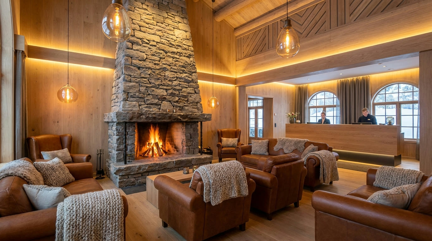 Nordhaven Hotel lobby with stone fireplace and leather armchairs